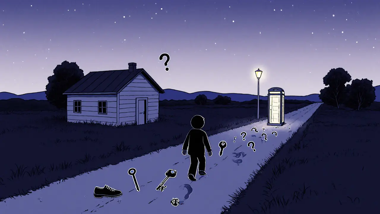 Cesta venkovem v soumraku, osamělá postava se vzdaluje od domu k osvětlené telefonní budce.