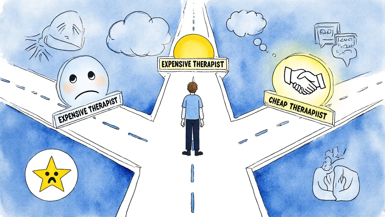 Člověk na rozcestníku s třemi cestami terapie, jedna svítí jako správná volba.