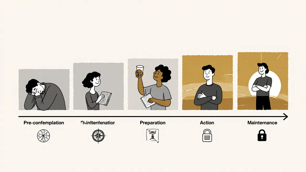 Pět fází změny: od odmítnutí po sebeuvědomění, viděno v tělesném jazyce.