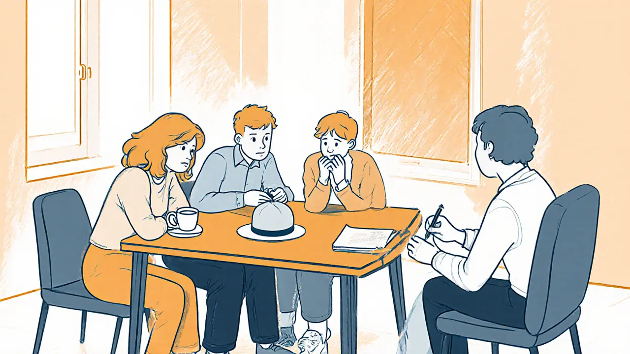 Rodina sedí u stolu, každý vlastním smutkem, terapeut tiše poslouchá v klidném prostředí.