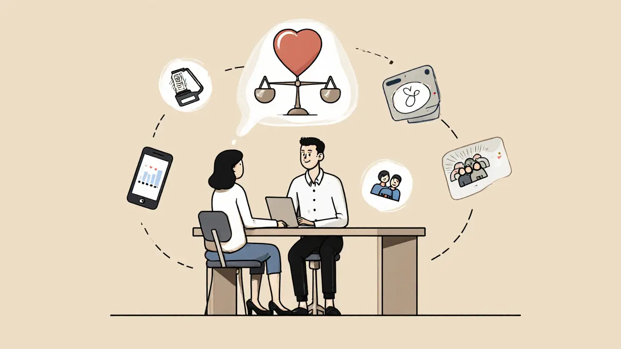 Terapeut a klient s váhou srdce a peněz, ikony online a skupinové terapie.