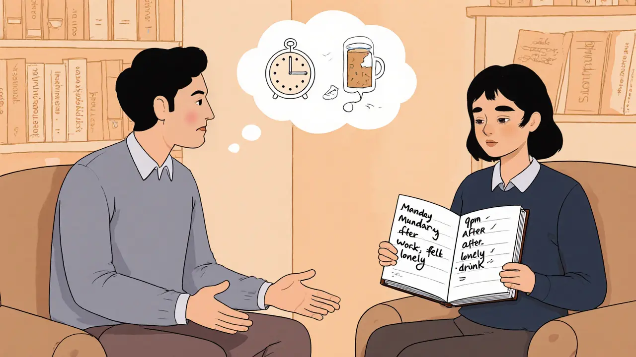 Terapeut a klient spolu hledají vzory v zápisníku, hovor bez nátlaku.