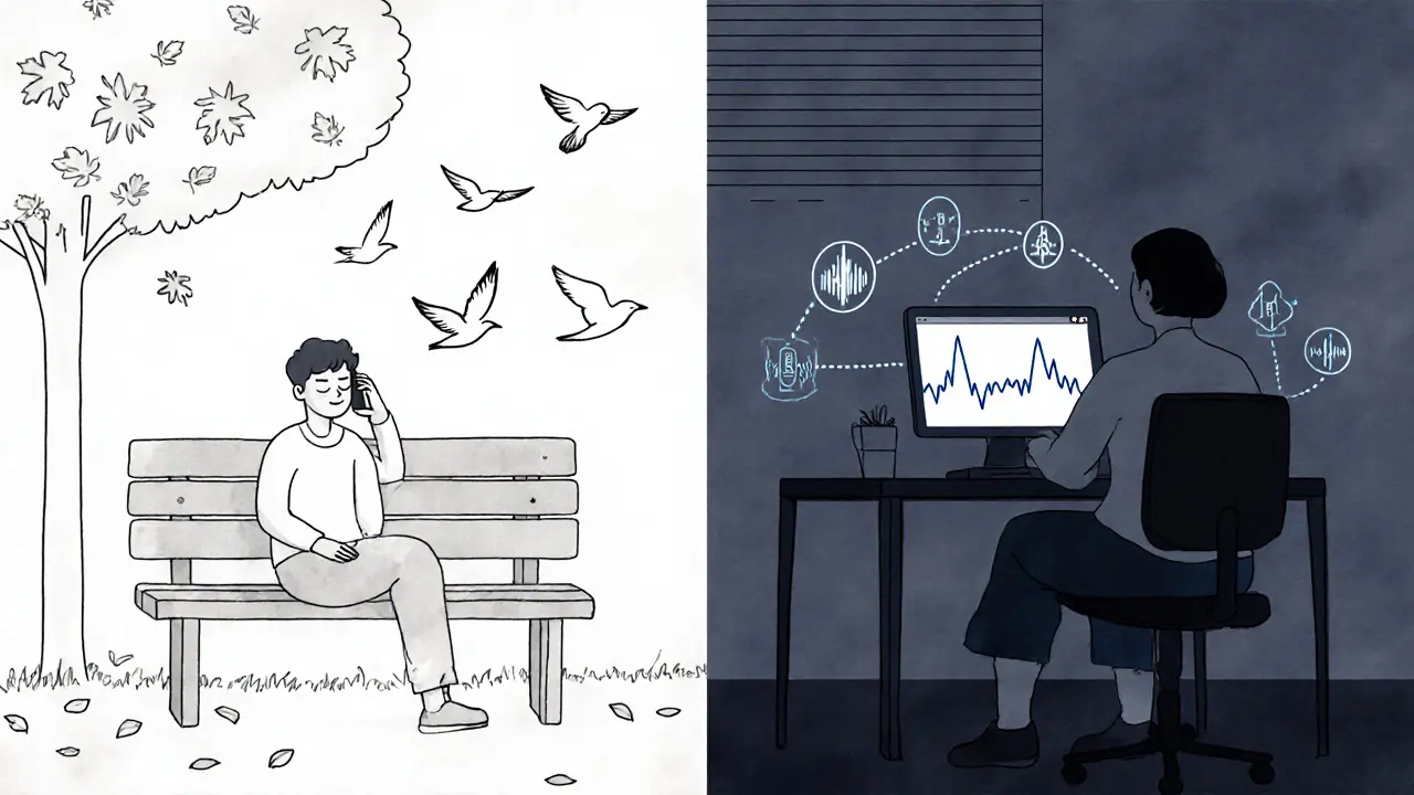 Člověk ve venkovním prostředí poslouchá hlasovou terapii, zatímco terapeut analyzuje tón hlasu na počítači.