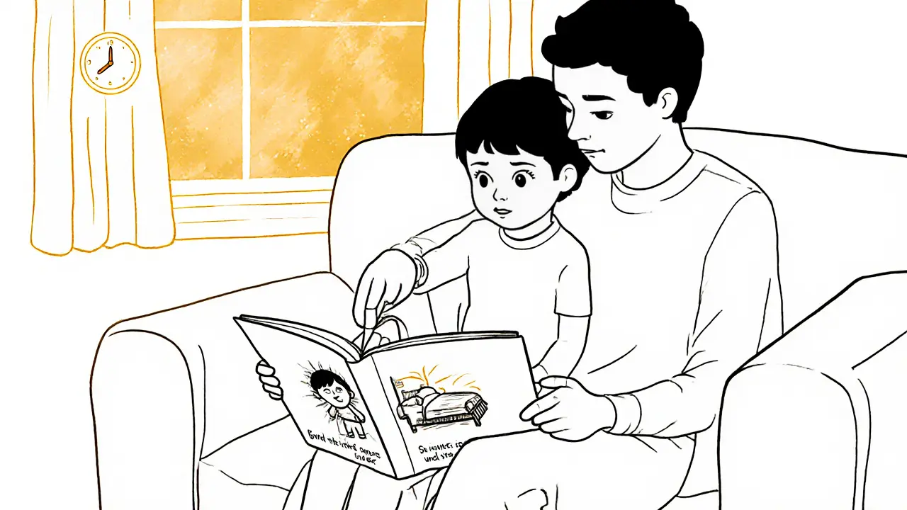 Dítě a rodič společně čtou knihu o překonávání strachu, světlo je teplé a klidné.