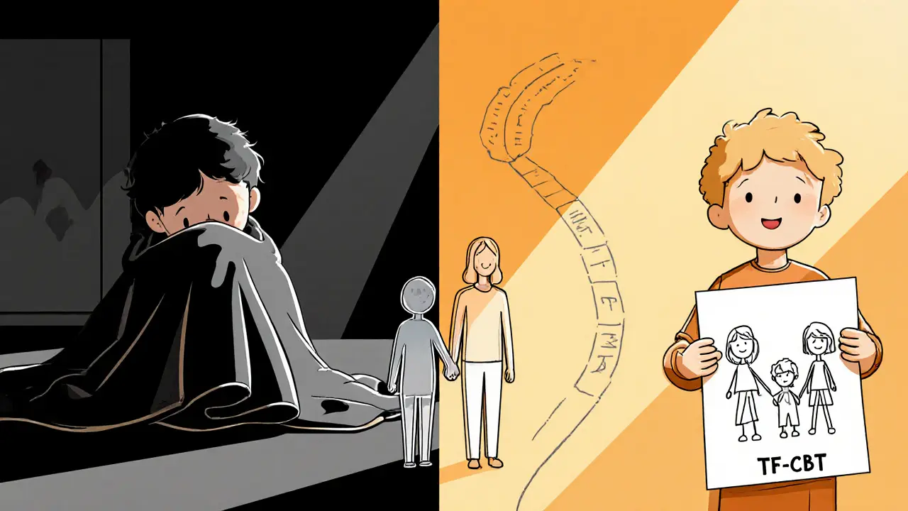 Dítě v temnotě na jedné straně, ve světle na druhé — cesta k bezpečí vede přes TF-CBT.