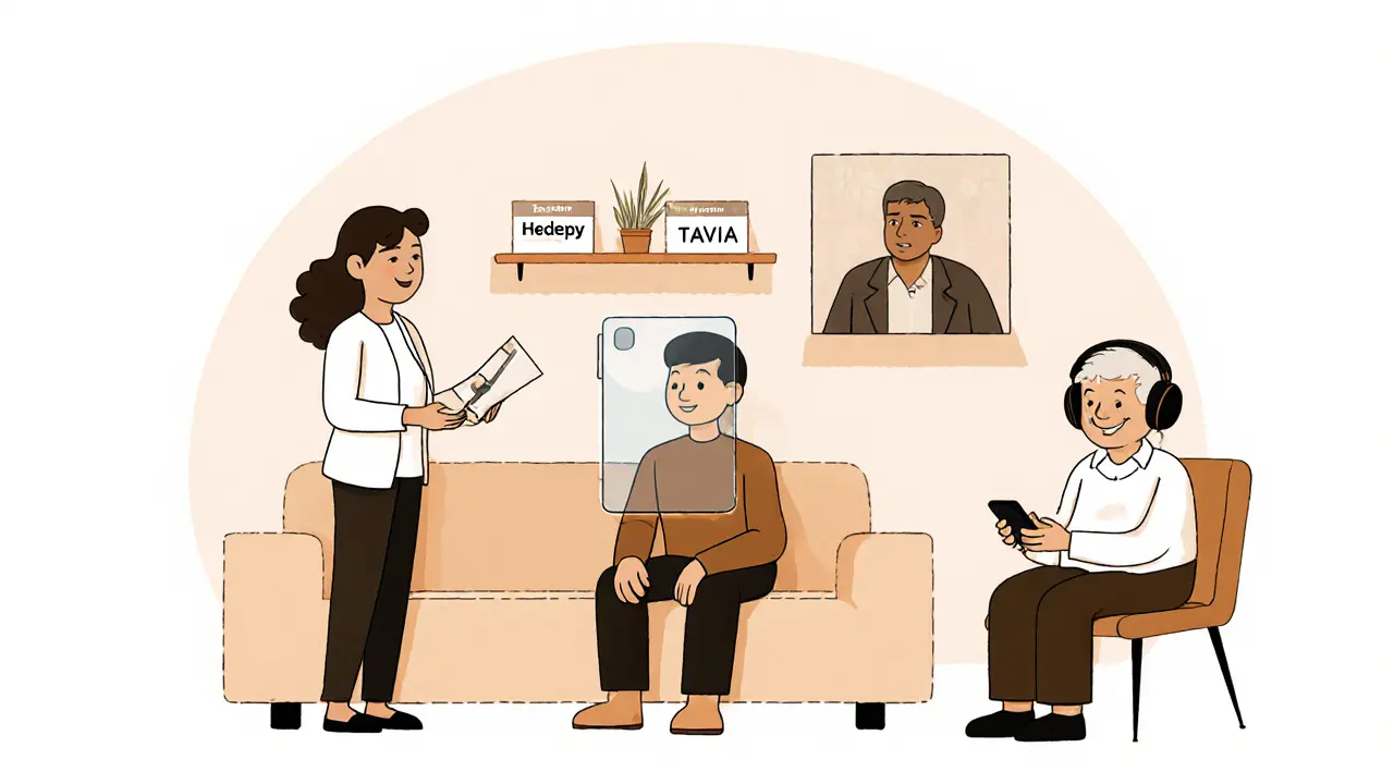 Hybridní terapeutický prostor: osobní a mobilní terapie probíhají současně s viditelnými technologickými značkami.