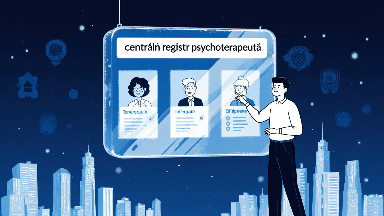 Klient prohledává centrální registr psychoterapeutů s informacemi o kvalifikacích a etice.