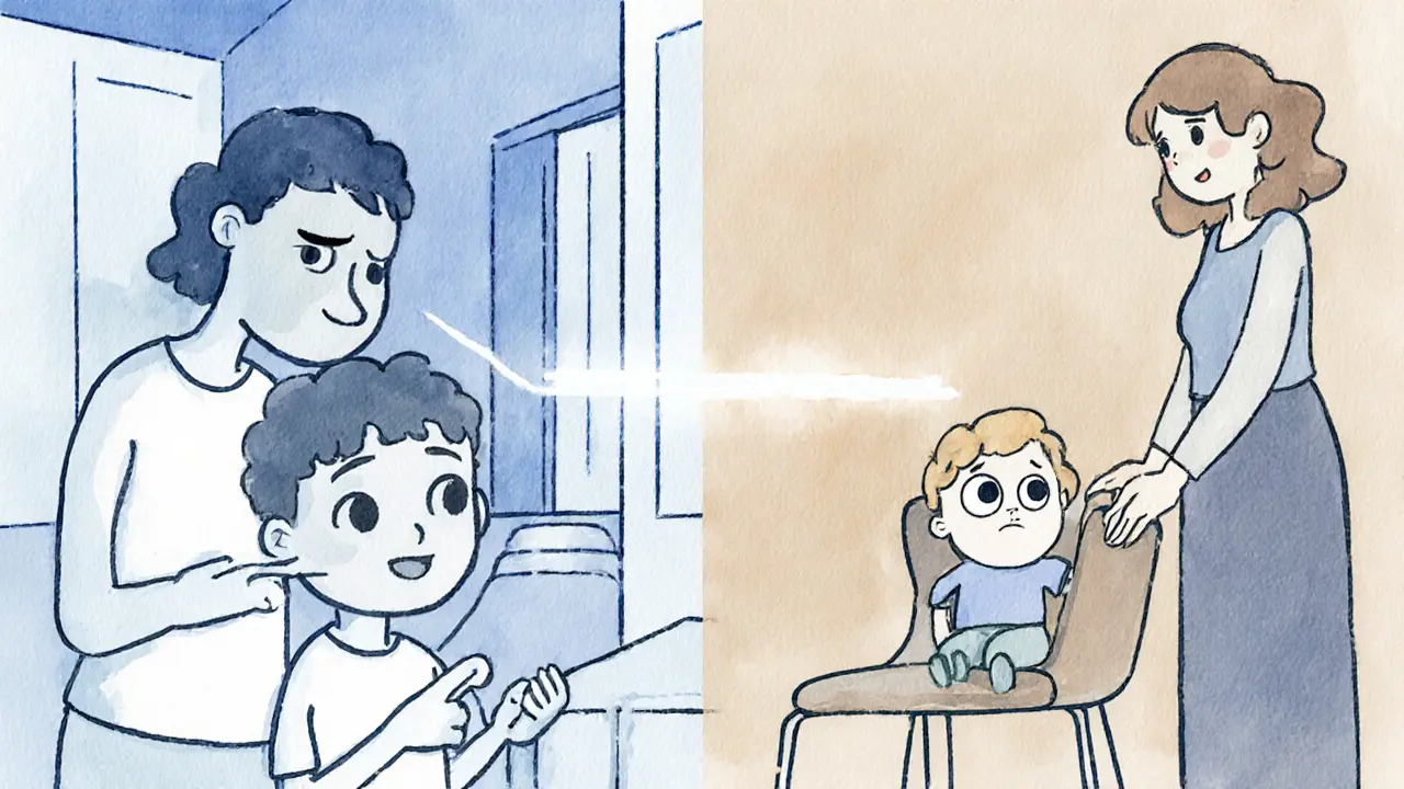 Rozdělený scénář: rodič doma a dítě v terapii, spojené světlou čárou.