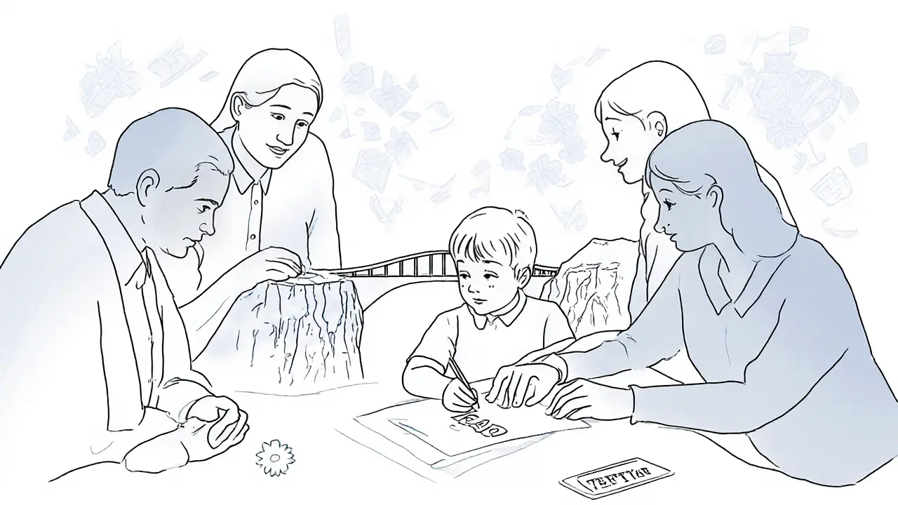 Skupina odborníků sedí kolem dítěte, které kreslí most mezi strachem a bezpečím.