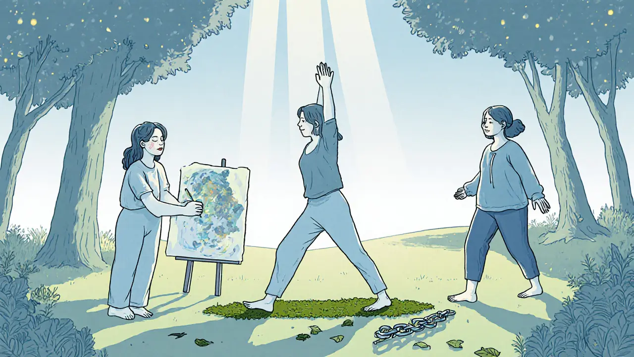 Skupina žen v přírodě cvičí klidně — jóga, malování, procházka — bez hodinek a běžeckých pásů.