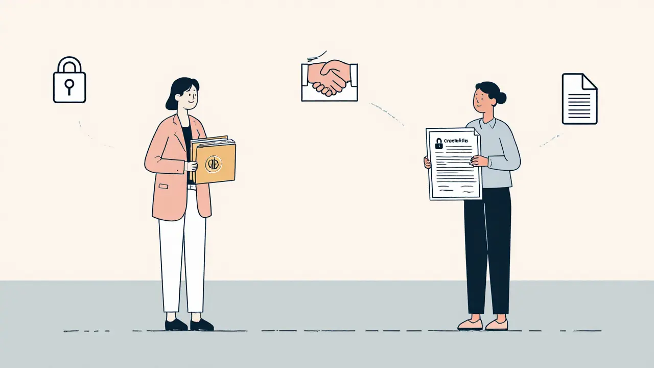 Terapeut a klient odděleni hranicí, klient drží dokumenty o kvalifikaci.