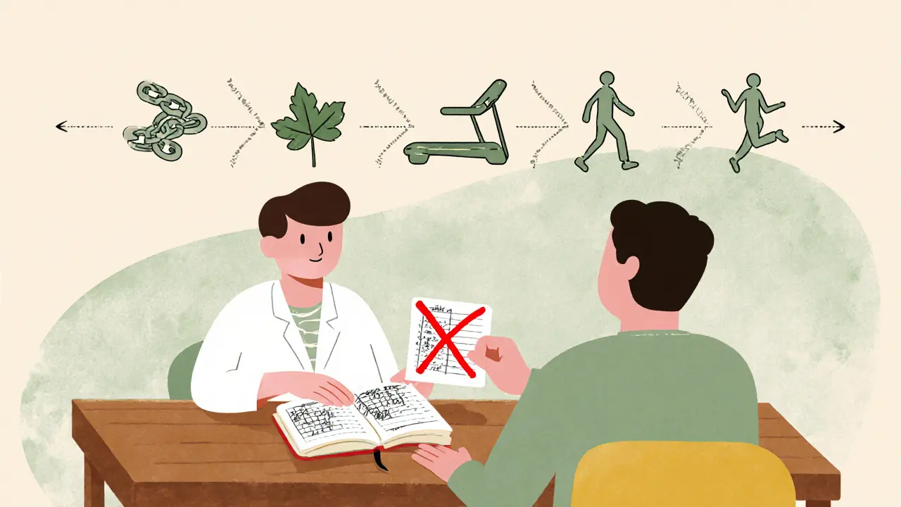 Terapeutka a pacientka spolu u stolu, přehlížejí deník s cvičením a překrývají běžecký pás červeným křížem.