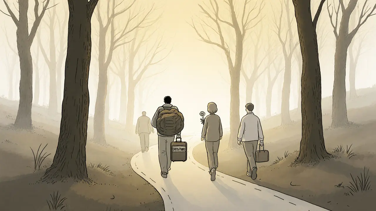 Cesta lesem s lidmi na různých fázích hledání smyslu, ranní světlo.