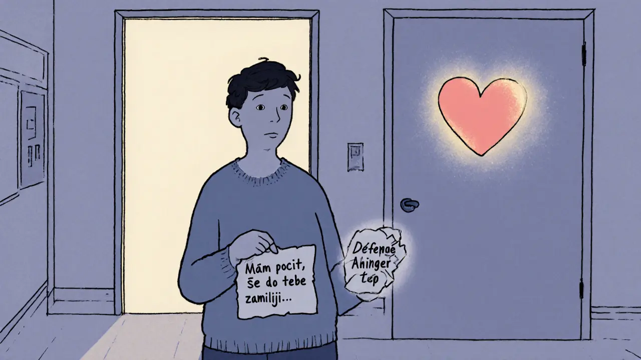 Člověk drží list s přiznáním, zatímco jeho vlastní srdce začíná svítit samostatně.