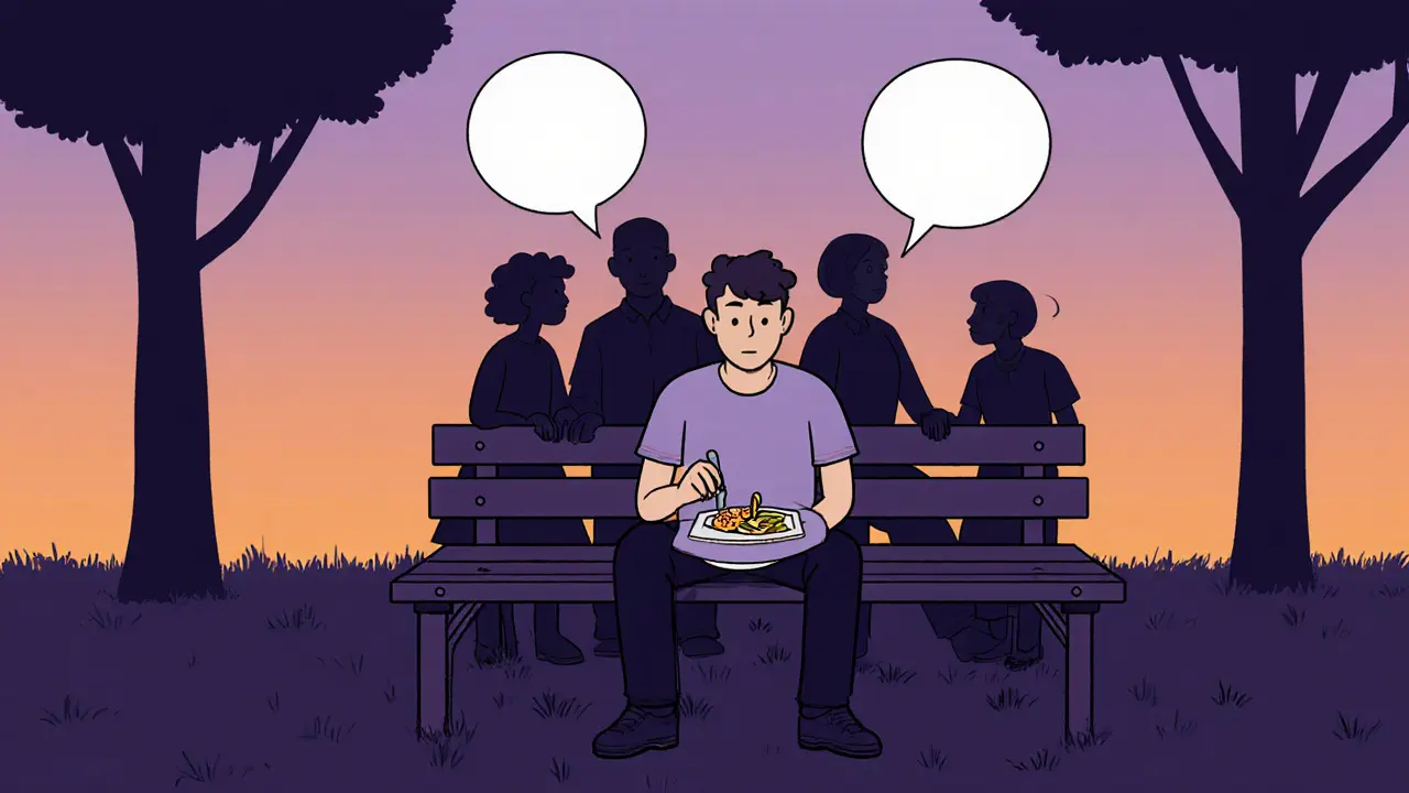 Muž na lavičce s nepožitým jídlem, za ním stíny rodiny s výrazem odsouzení.