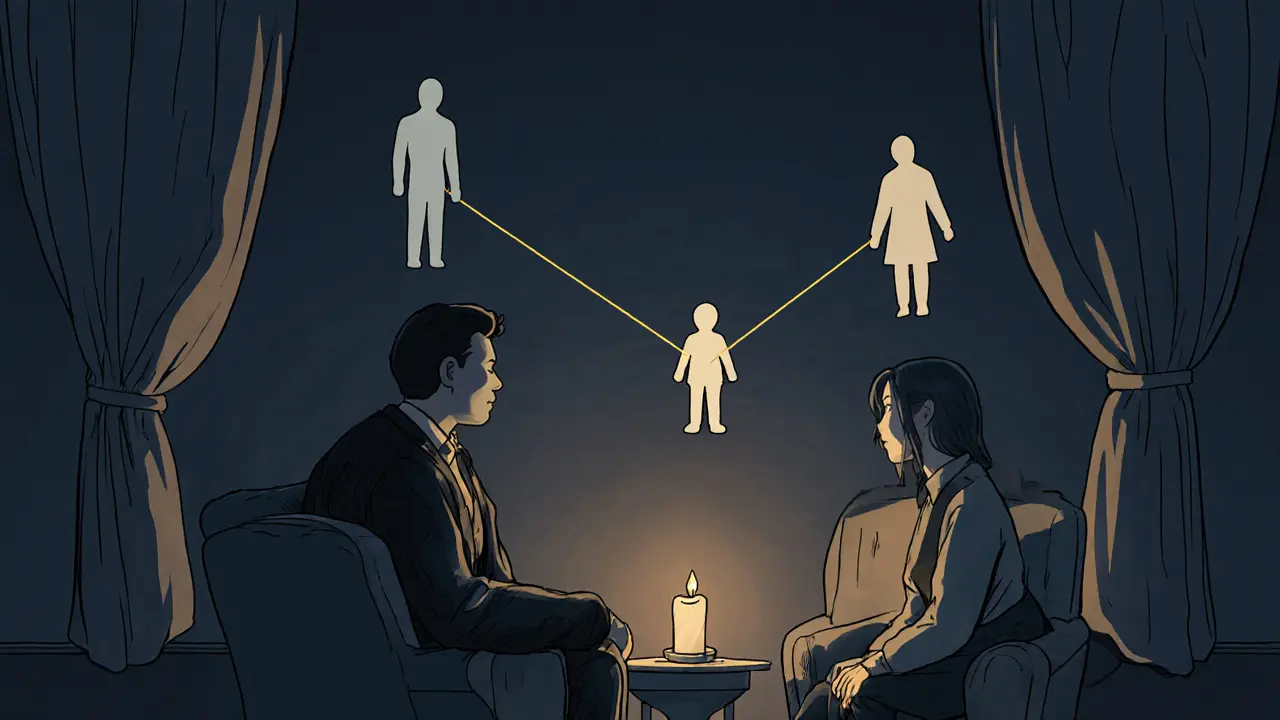 Psychoanalytická supervize s postavami z dětství plujícími nad terapeutem ve tmavé místnosti.