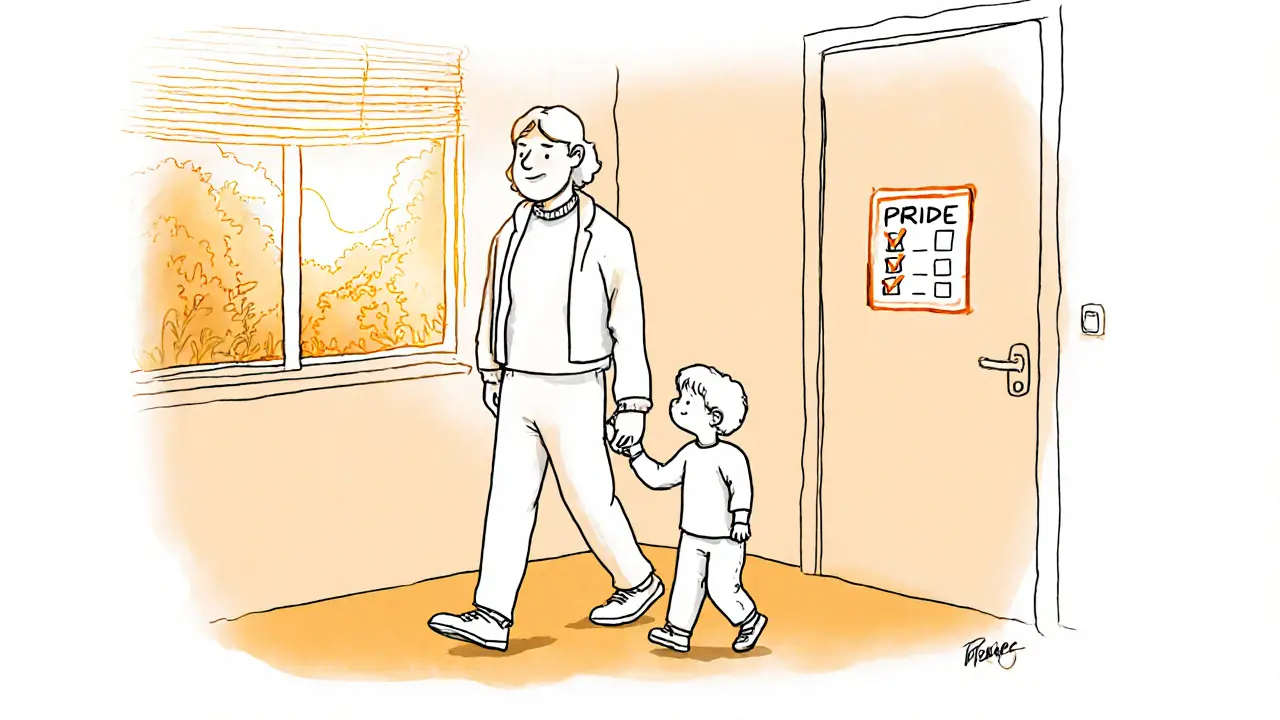 Rodič a dítě jdou spolu ven po terapii, ruce držené, důvěra a klid v jejich postojích.