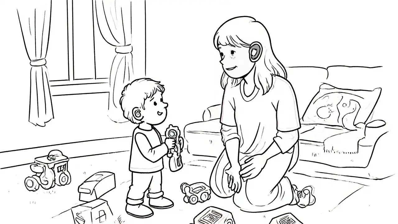 Rodič klidně dává příkaz dítěti při uklízení, slyšitelné koučování skrze sluchátko.