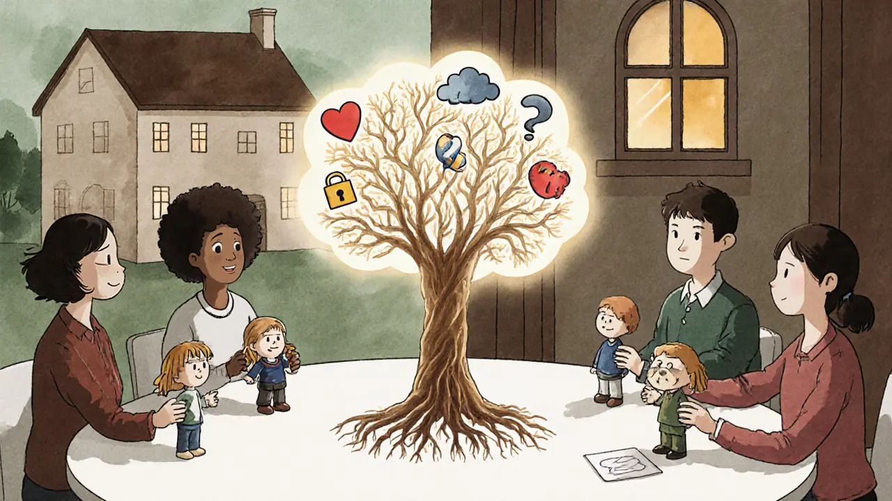 Skupinová systémová supervize s terapeuty a loutkami rodiny kolem kruhového stolu.