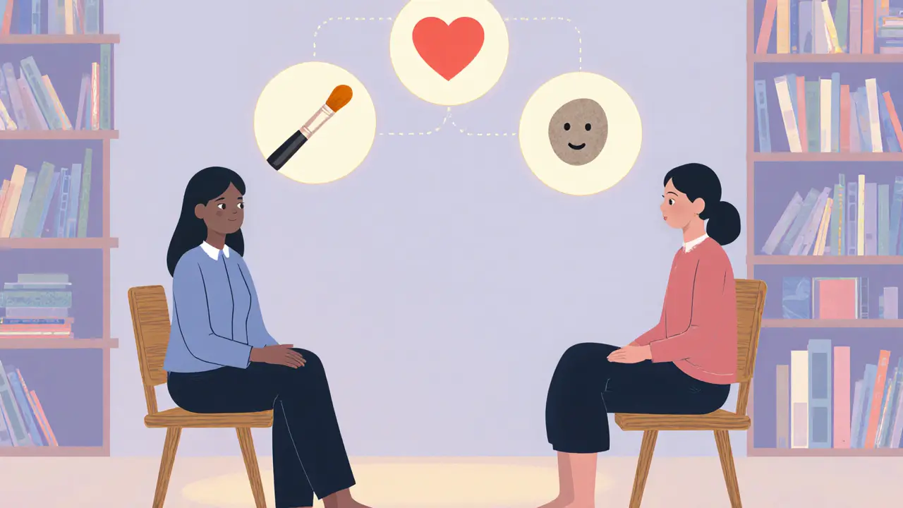 Terapeut a klient sedí vedle sebe, nad nimi tři symboly smyslu života.