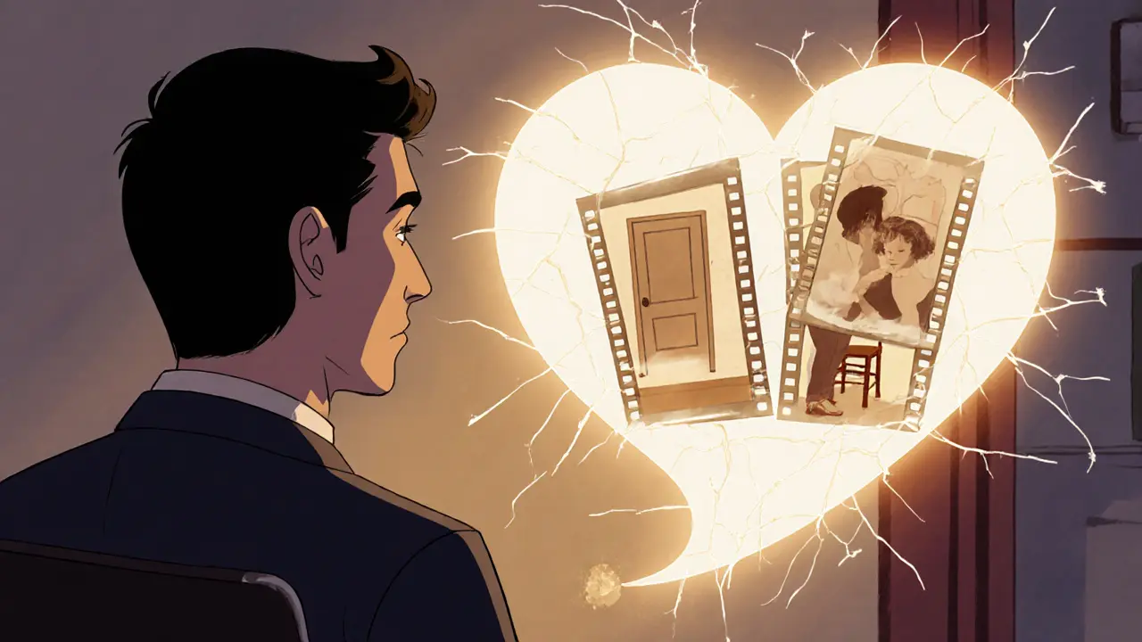 Terapeut poslouchá, zatímco od klienta k němu vede světlo tvaru srdce s dětskými scénami.