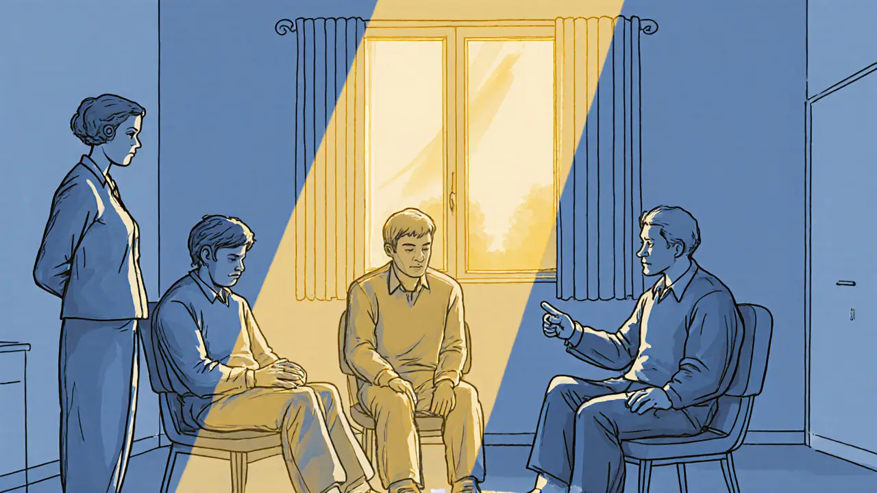 Tři muži v terapeutické skupině, jeden se dívá dolů, druhý se přikrčí, třetí kříží ruce.