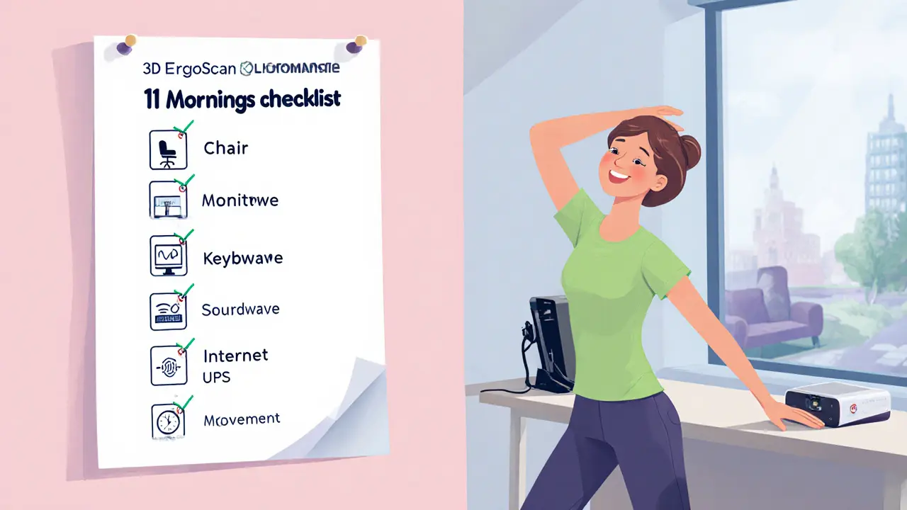 Denní kontrolní seznam na zdi vedle pracovního místa terapeuta s ikonami ergonomie.