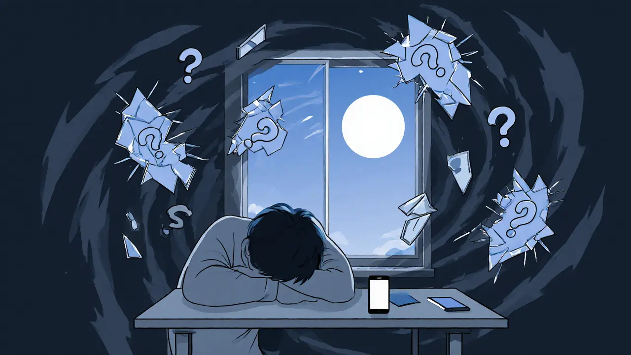 Dospívající sedí u stolu, oči upřené do prázdna, kolem něj se točí otazníky.