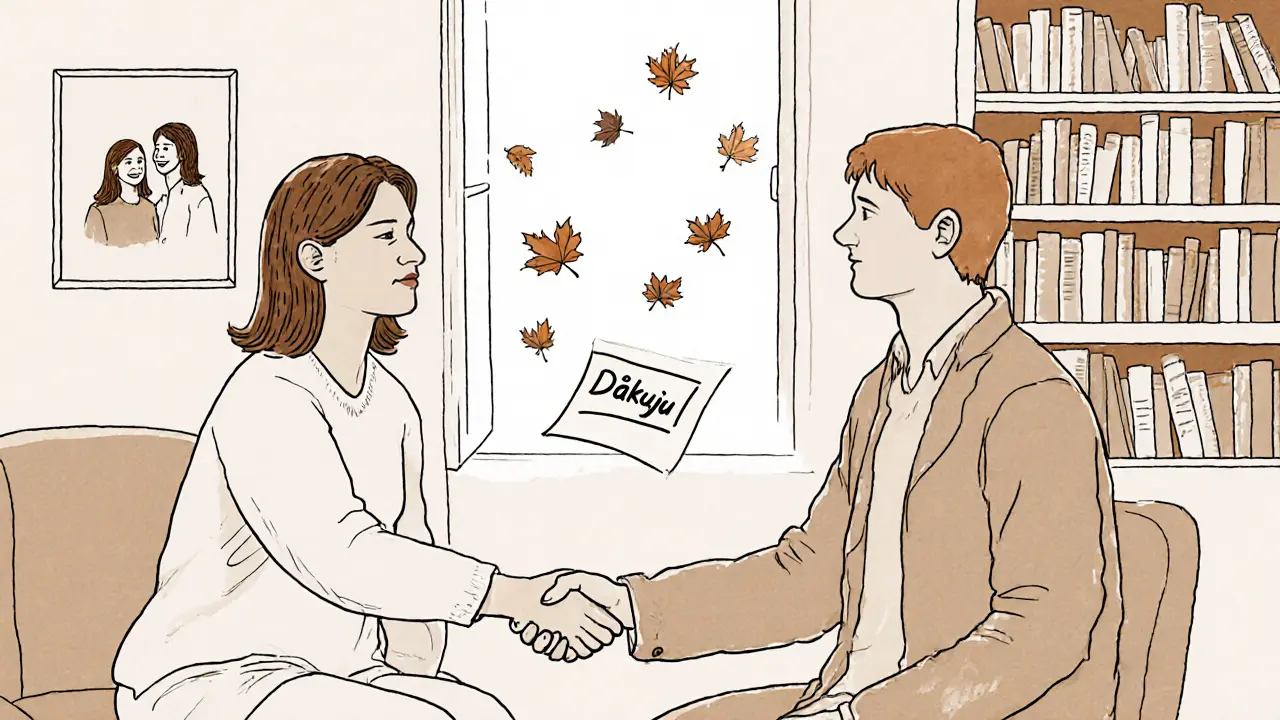 Klient a terapeut se rozloučí s úctou, mezi nimi plave list s děkují.