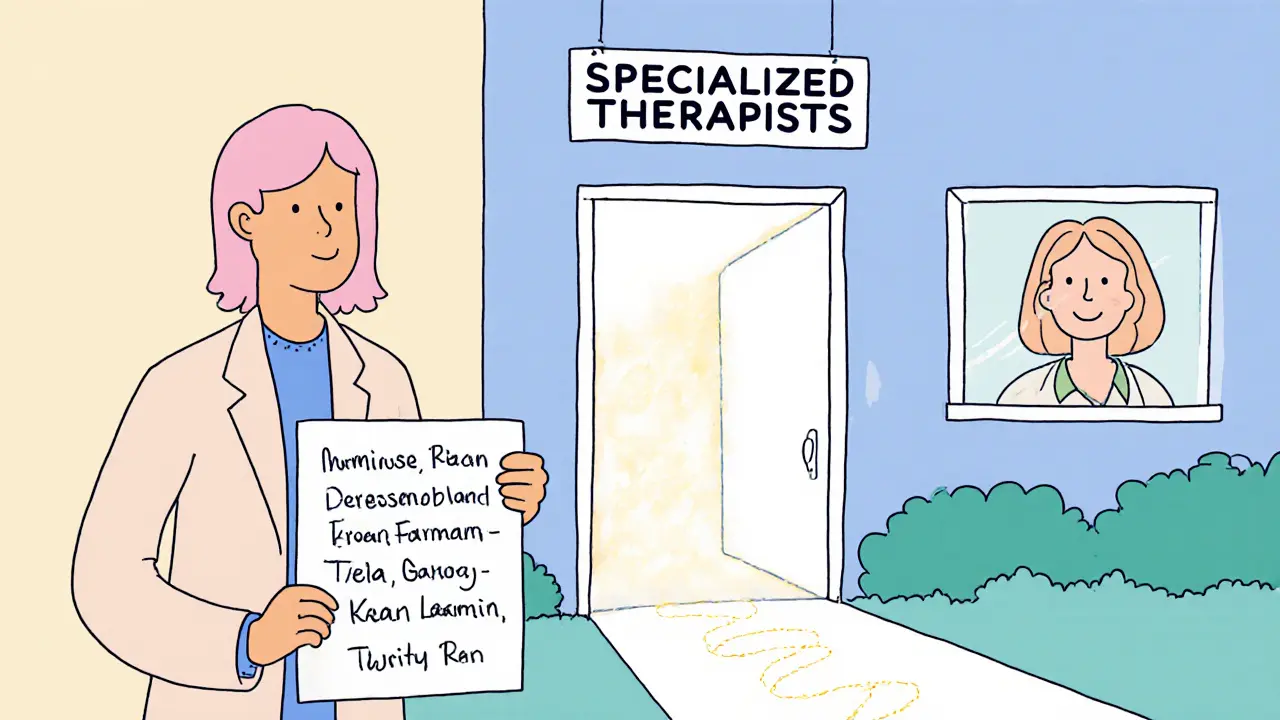 Klient drží tři doporučená jména terapeutů, cesta před ním září jako symbol přechodu.