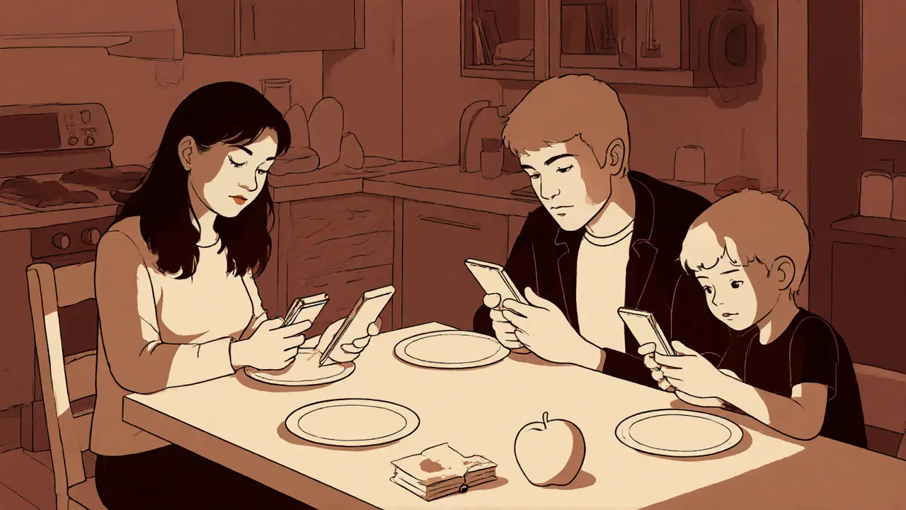 Rodina večeří mlčky, každý při svém telefonu.