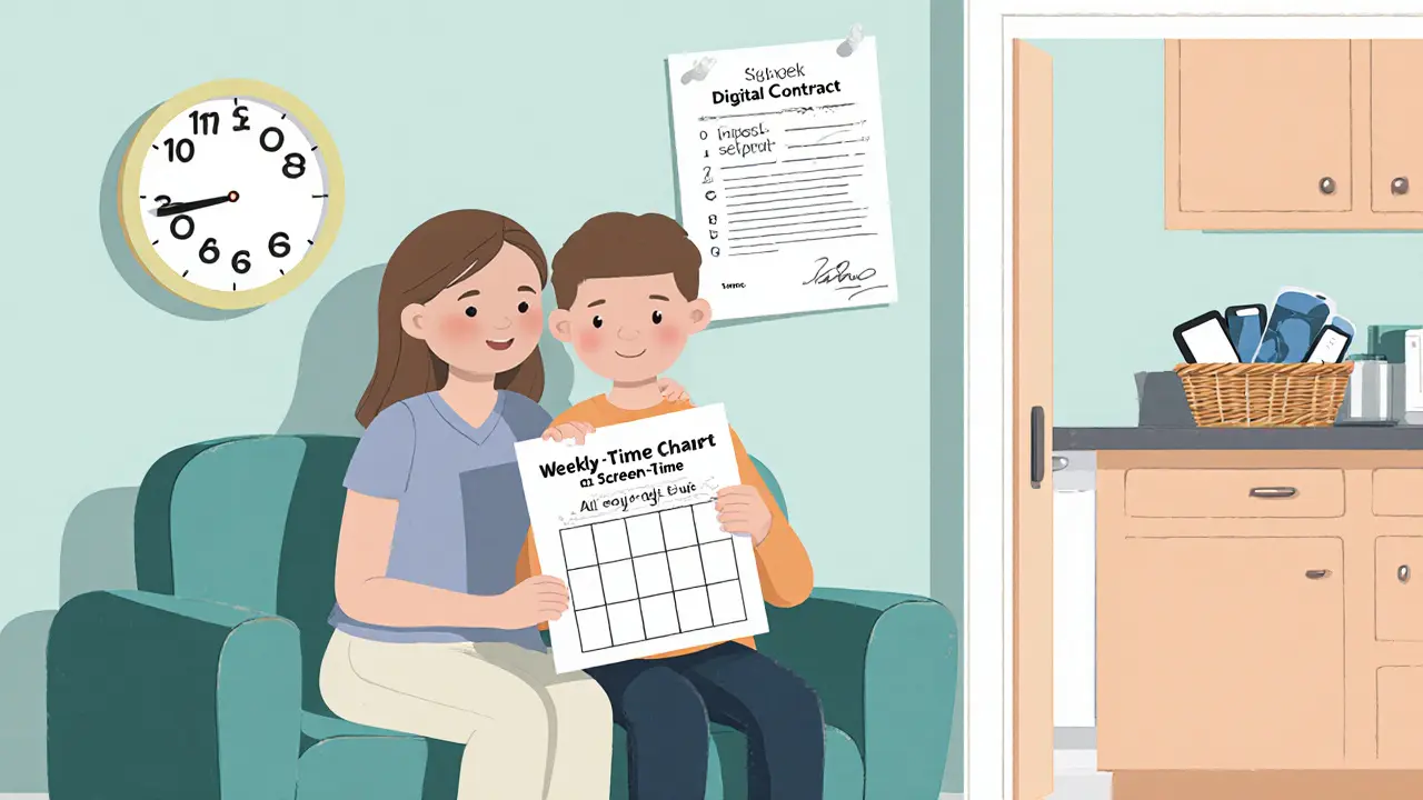 Terapeut a dítě spolu sledují tabulku času u obrazovky.