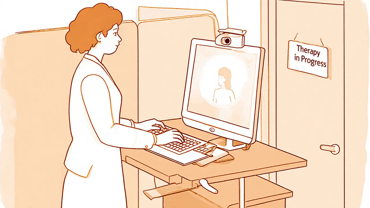 Terapeut stojí u upravitelného stolu, klávesnice pod úrovní stolu, akustické panely na zdi.