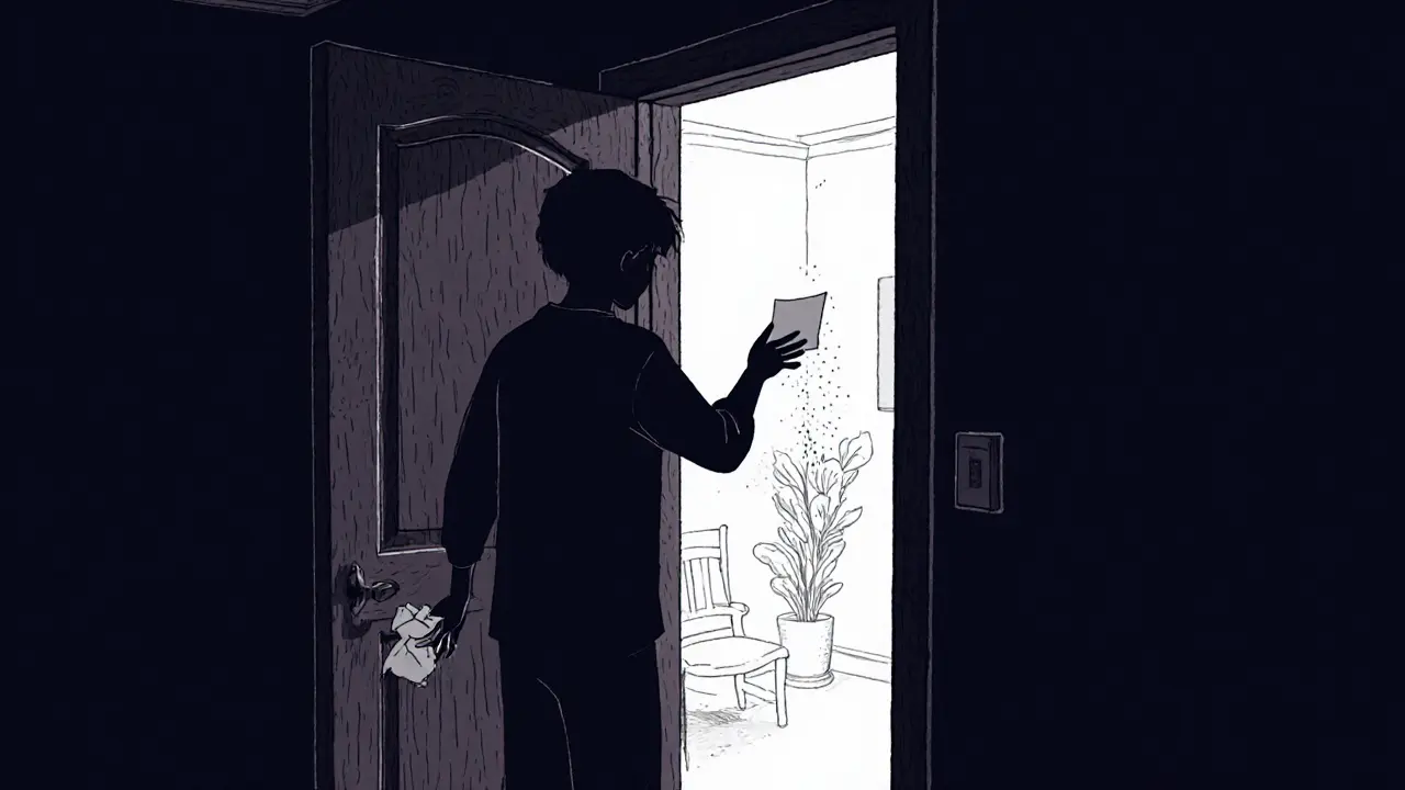 Člověk otevírá dveře, za kterými svítí teplé světlo a je vidět pohodlná místnost s židli a rostlinou.