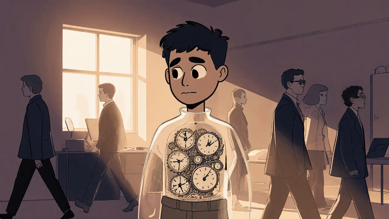 Člověk v kanceláři s průhledným tělem, uvnitř kterého se točí hodiny a ozubená kola.