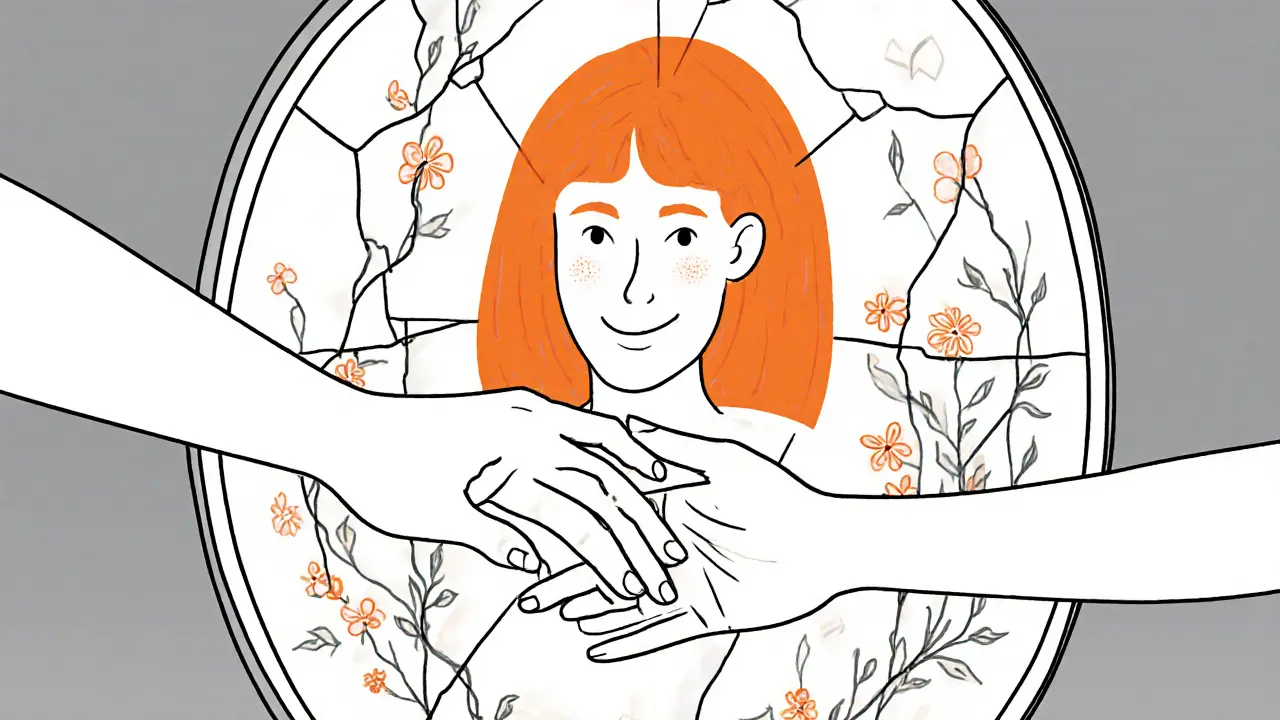 Dvě ruce se dotýkají, zrcadlo odhaluje celistvého sebe za prasklinami, které rostou květy.