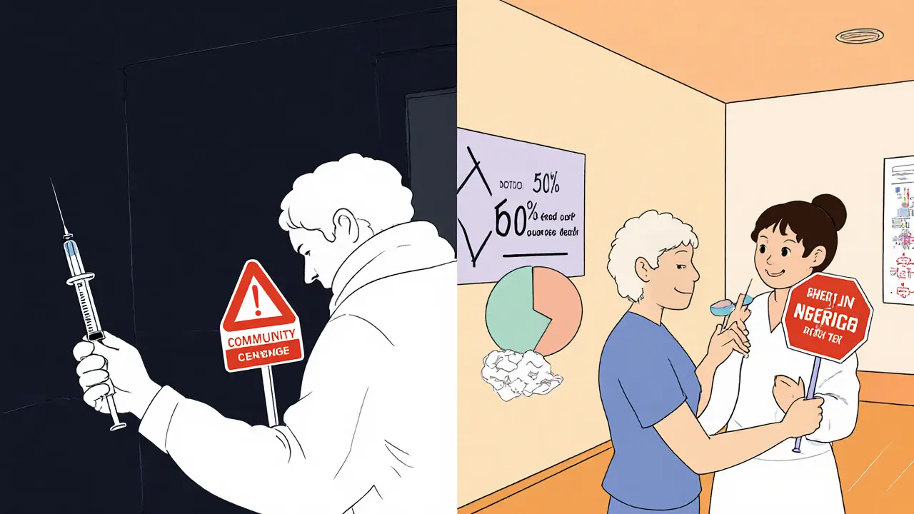 Kontrast mezi nebezpečným užíváním drog a bezpečnou podporou v komunitním centru.