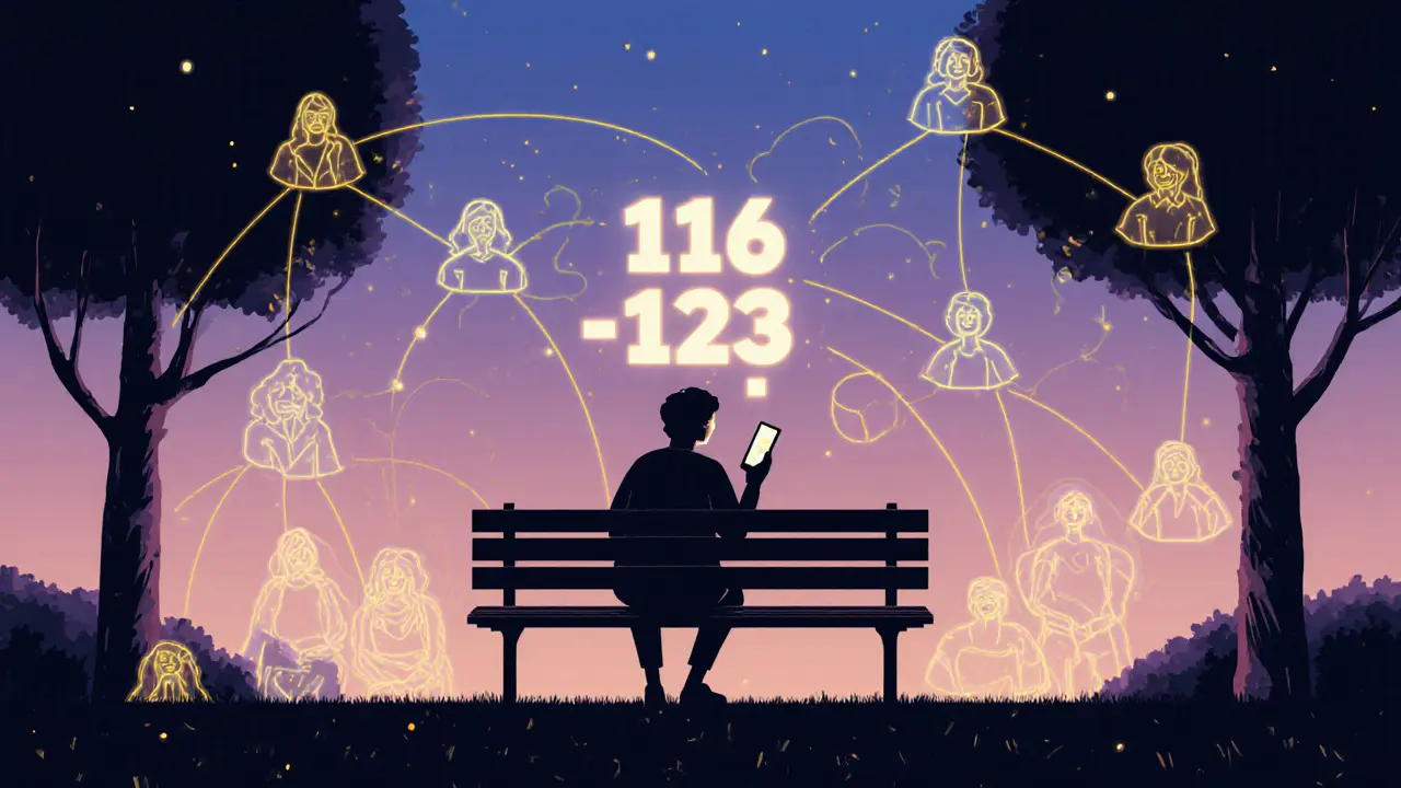 Osoba na lavičce drží telefon s číslem Linky důvěry, kolem ní jsou stíny lidí, kteří přežili.