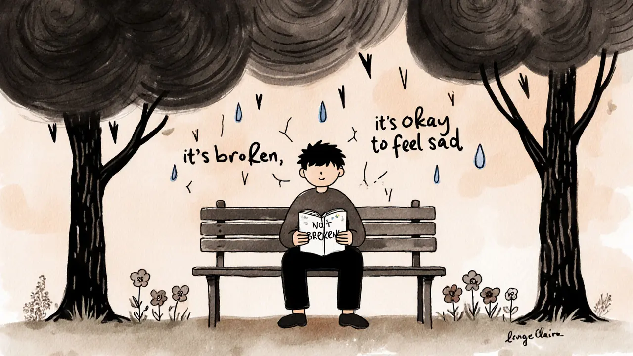 Osoba sedí v parku, kde emocionální bouře přeměňují v květiny, symbolizující klid a přijetí.