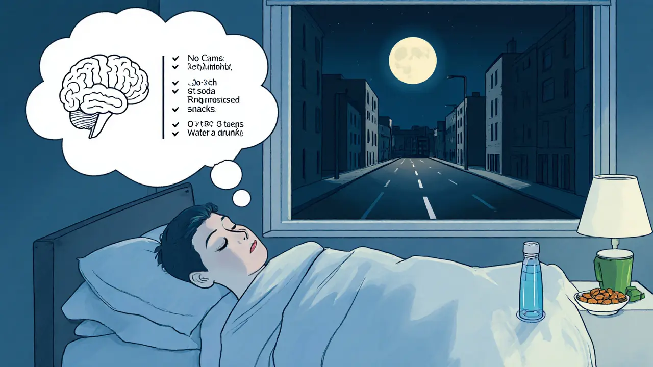 Osoba spí v klidu, myšlenková bublina ukazuje zdravé návyky, na nočním stolku voda a oříšky.