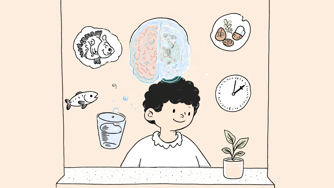 Osoba užívá lék Strattera, kolem ní plavají ikony omega-3, magnézia a zinku, mozek je vyvážený.