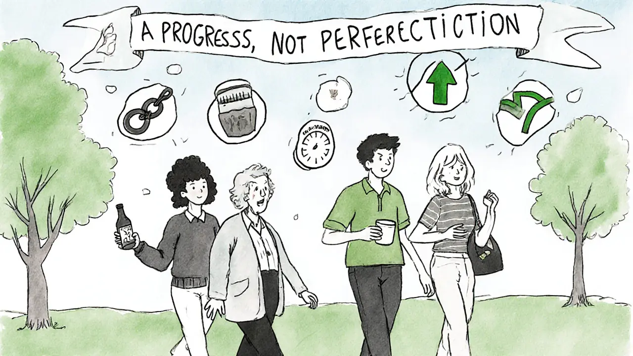 Různí lidé společně krokují směrem k lepšímu životu s minimalizací škod závislosti.