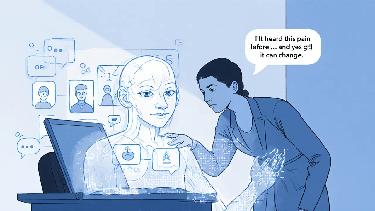 Terapeut spolupracuje s AI hologramem, zatímco se spojuje s klientem lidskou empatií.