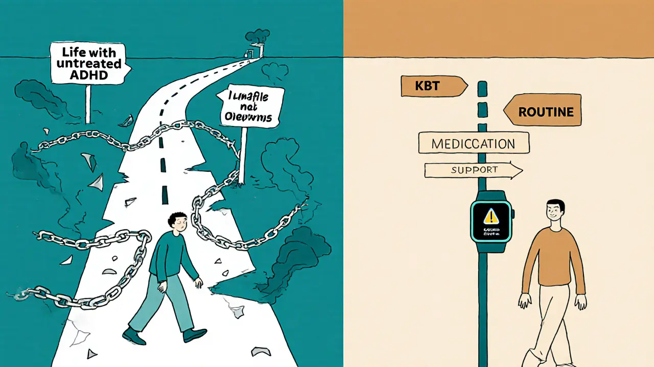 Cesta z chaosu k struktuře při léčbě ADHD a závislosti v ilustrovaném stylu.