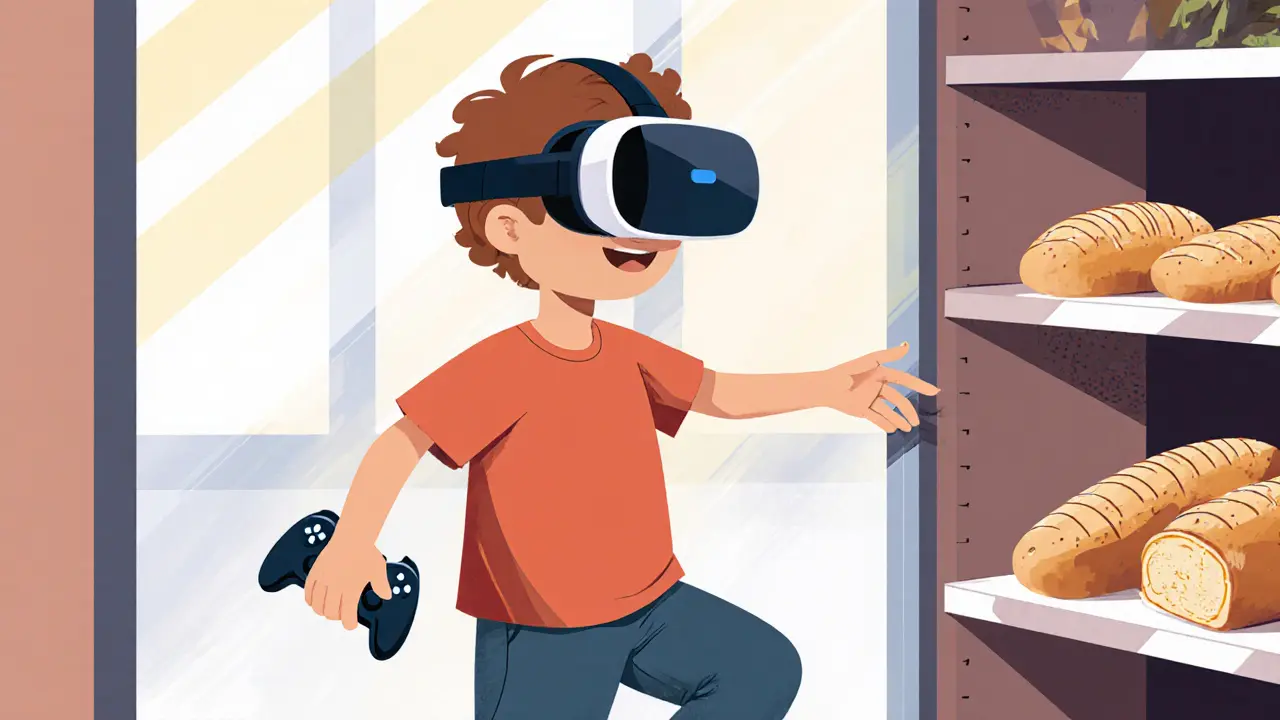 Dítě přechází z virtuálního světa do skutečného obchodu s chlebem v ruce.