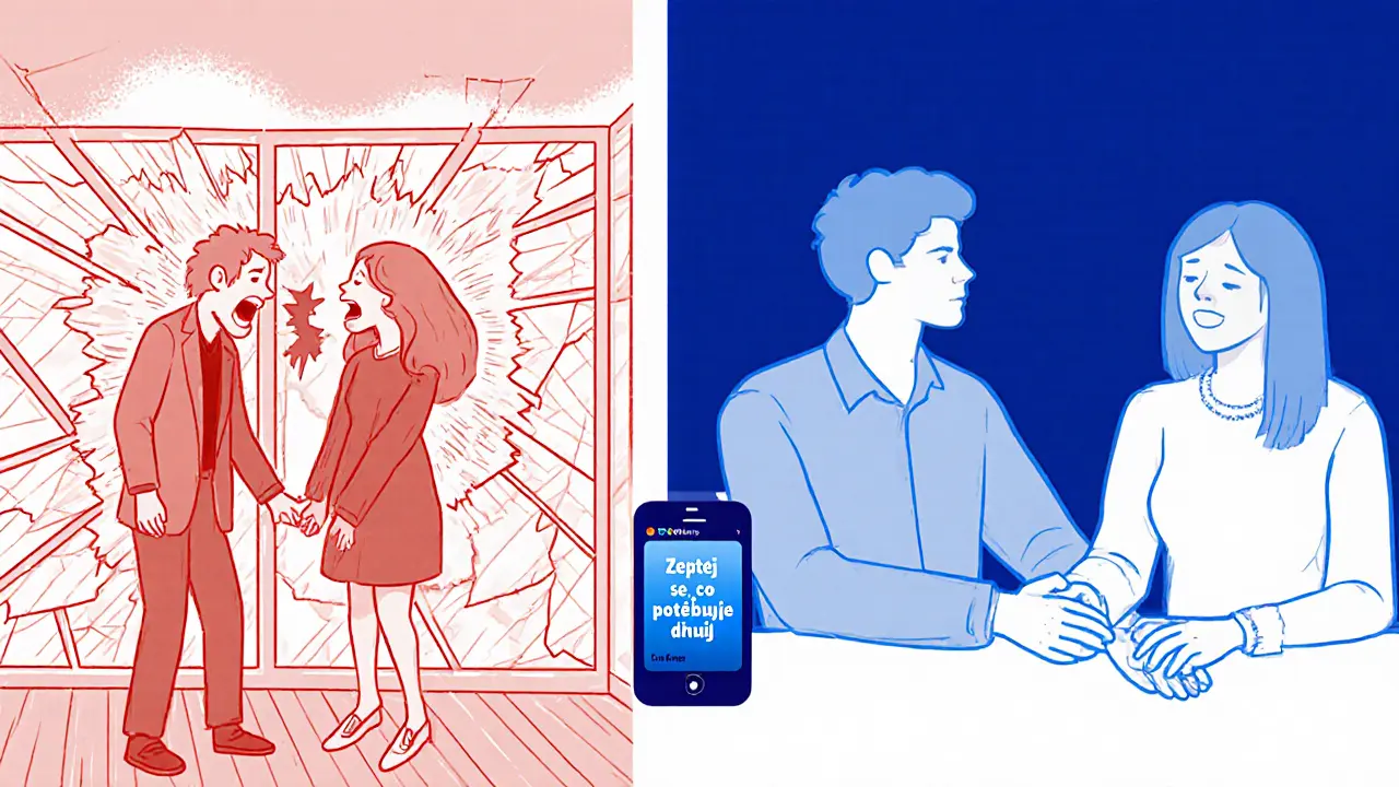 Dvě scény: jeden pár se křičí, druhý klidně sedí a drží se za ruce.