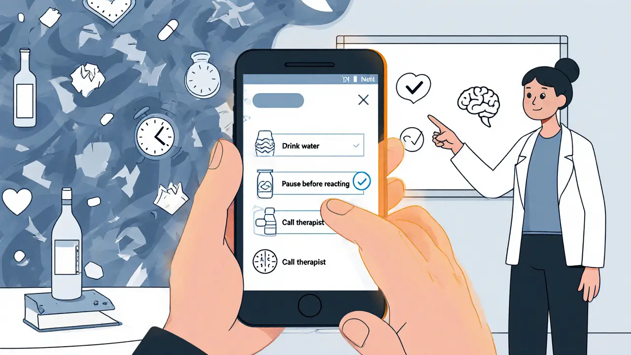 Osoba s připomínkami na telefonu v terapii, chaos za ní se mění v klid.