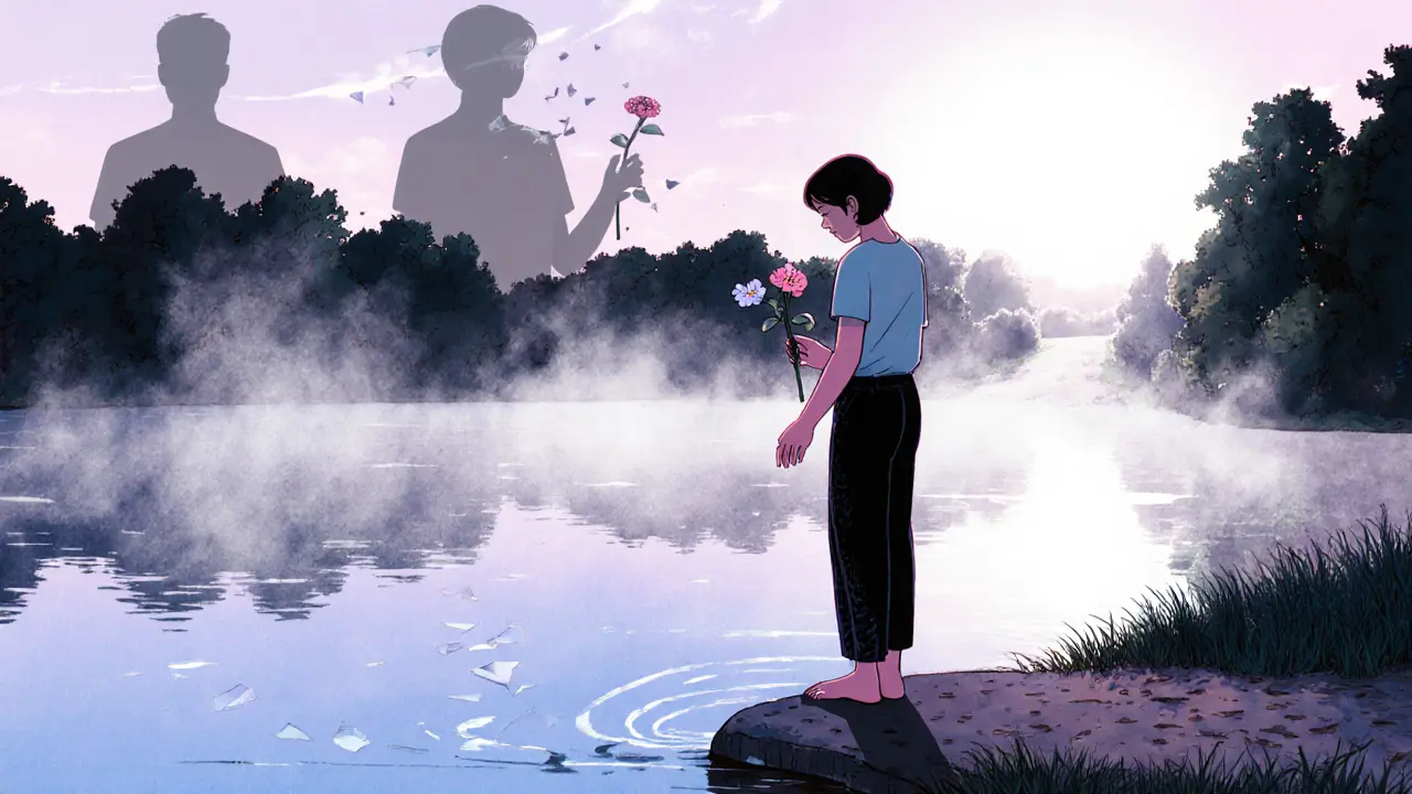 Osoba stojí u jezera na ranním světle, dotýká se vody a drží květinu, stíny minulosti se rozplynou do mlhy.