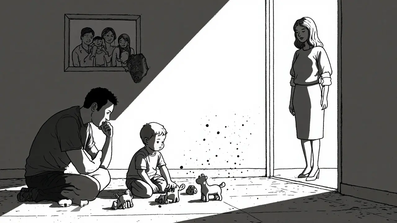 Otec pozoruje dítě, jak hraje, matka stojí v dveřích, slunce osvětluje klidnou scénu.