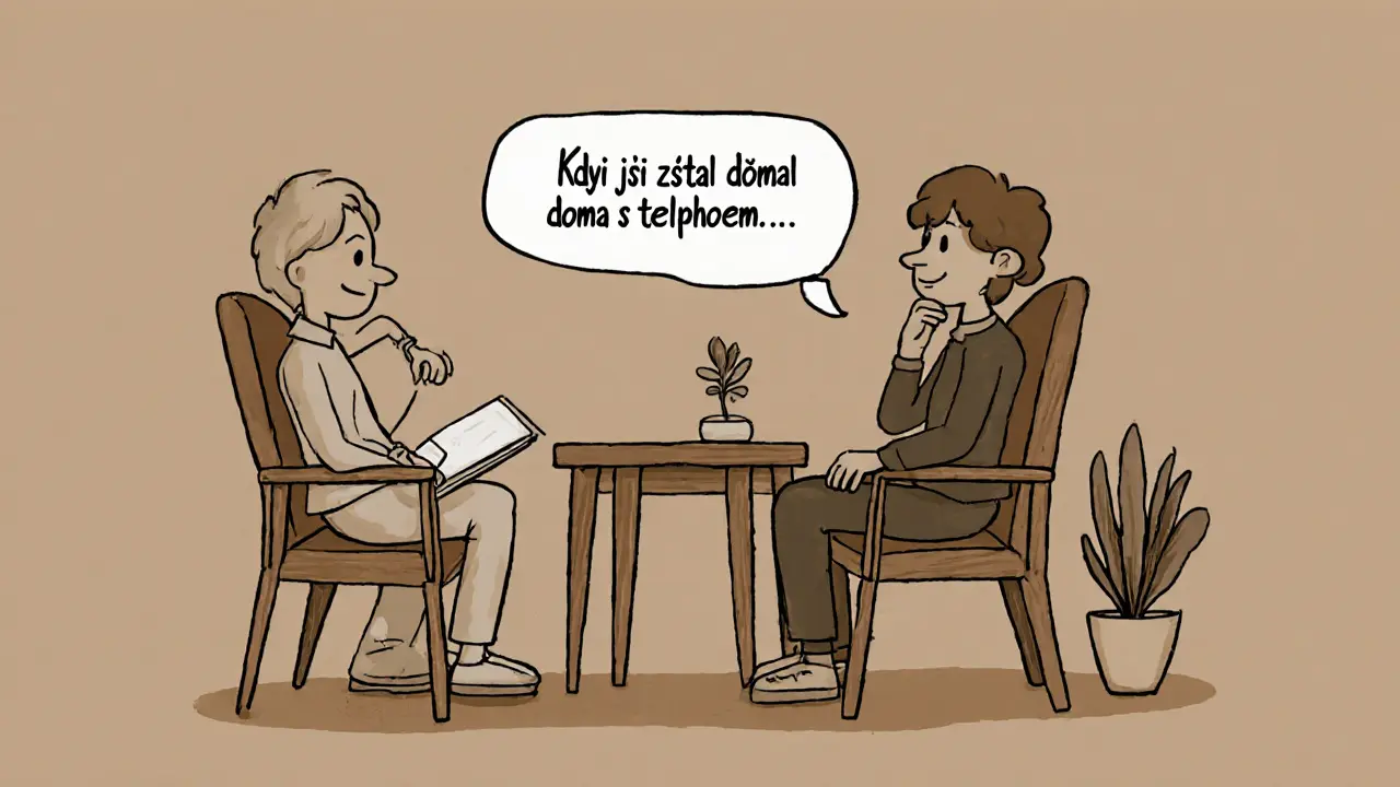 Pár v terapii, terapeut pozoruje, jedna osoba používá já-sdělení.